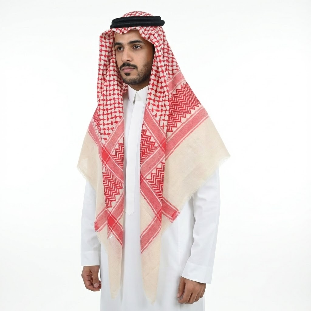 Basrawi with white base and reddish-orange embroidery