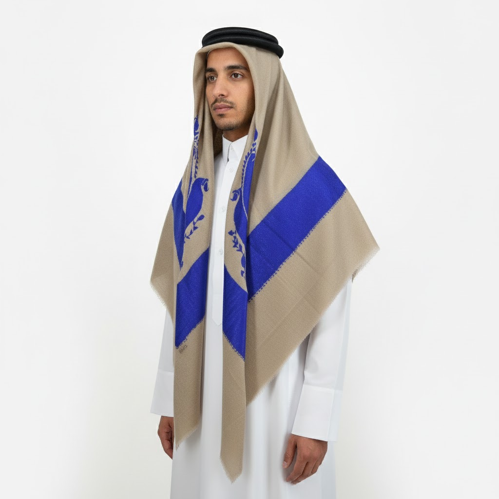 Blended Wool Traditional design shawl with Royal Blue Embroidery and Dark base