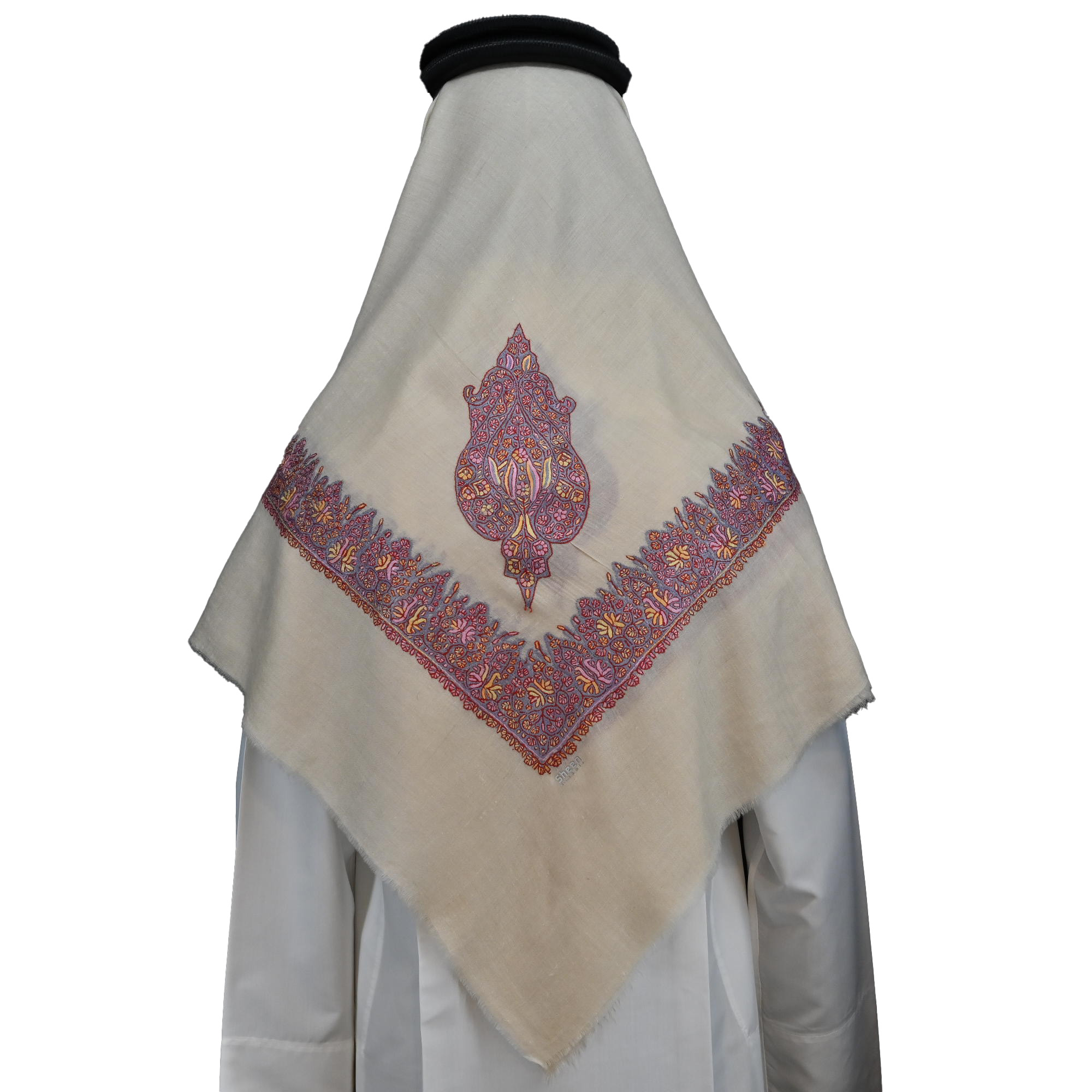 شال كشميري بنقوش زهرية بتطريز يدوي وردي اللون وقاعدة رمادية - صورة 3