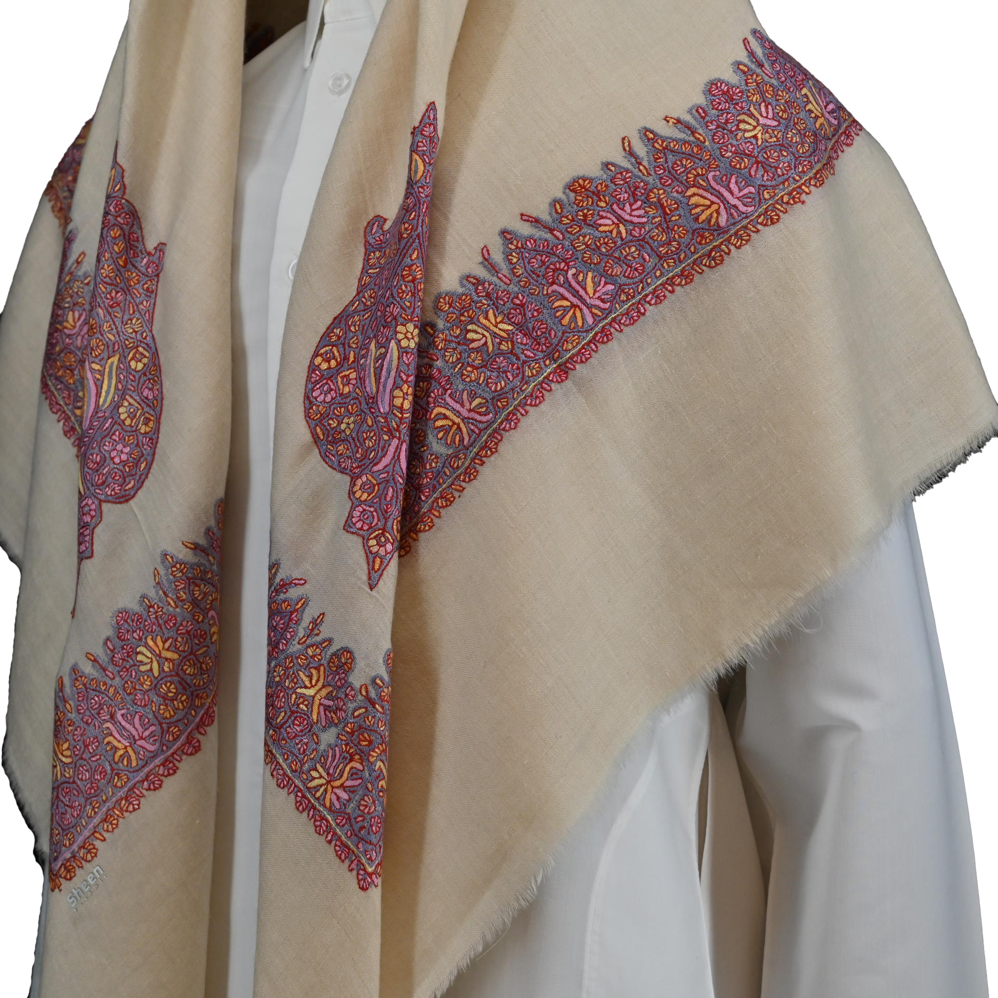 شال كشميري بنقوش زهرية بتطريز يدوي وردي اللون وقاعدة رمادية - صورة 2