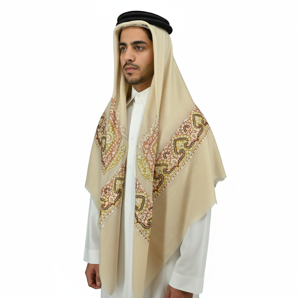 Sheenasic edition Kashmiri shawl with Mustard/Brown pattern Hand Embroidery and Beige Base