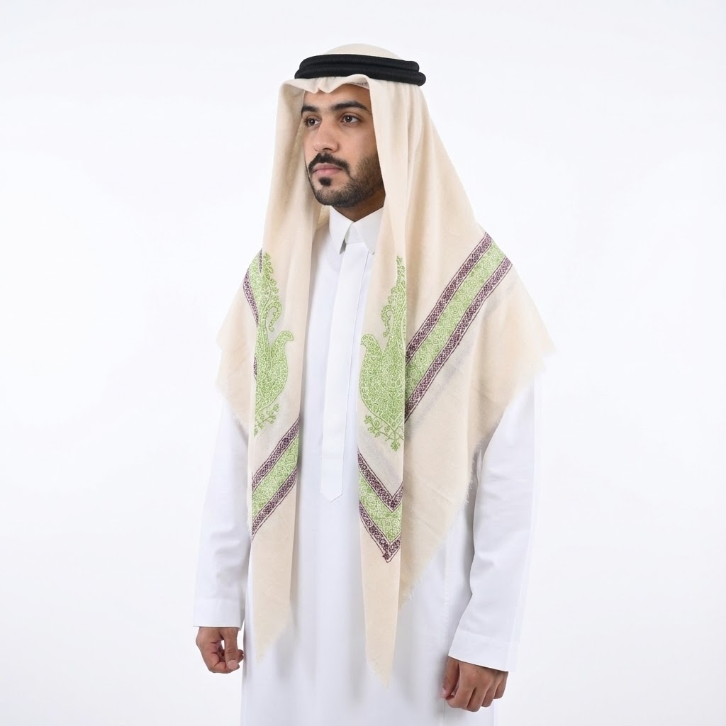 Green floral pattern Hand Embroidery and Natural White Base