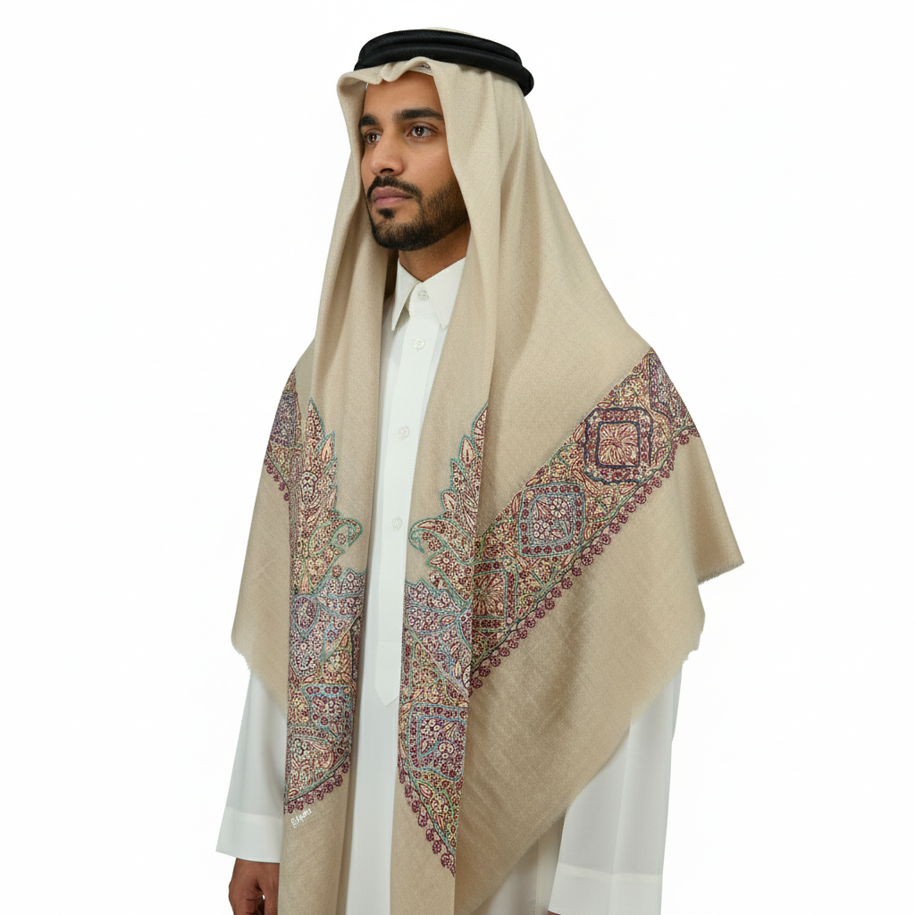 Sheenasic edition Kashmiri shawl with Multicolor Hand Embroidery and Natural White base