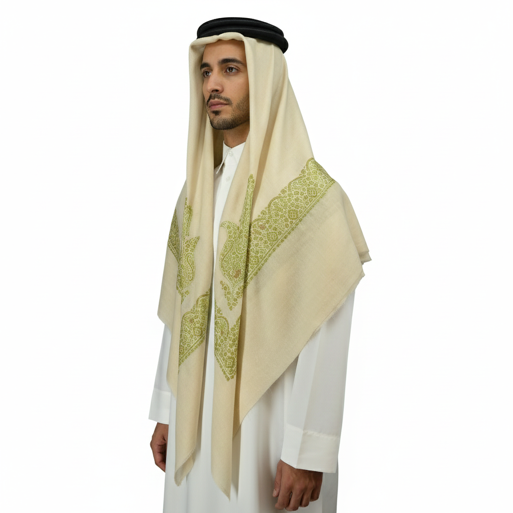 Green shades pattern Hand Embroidery and Natural White Base